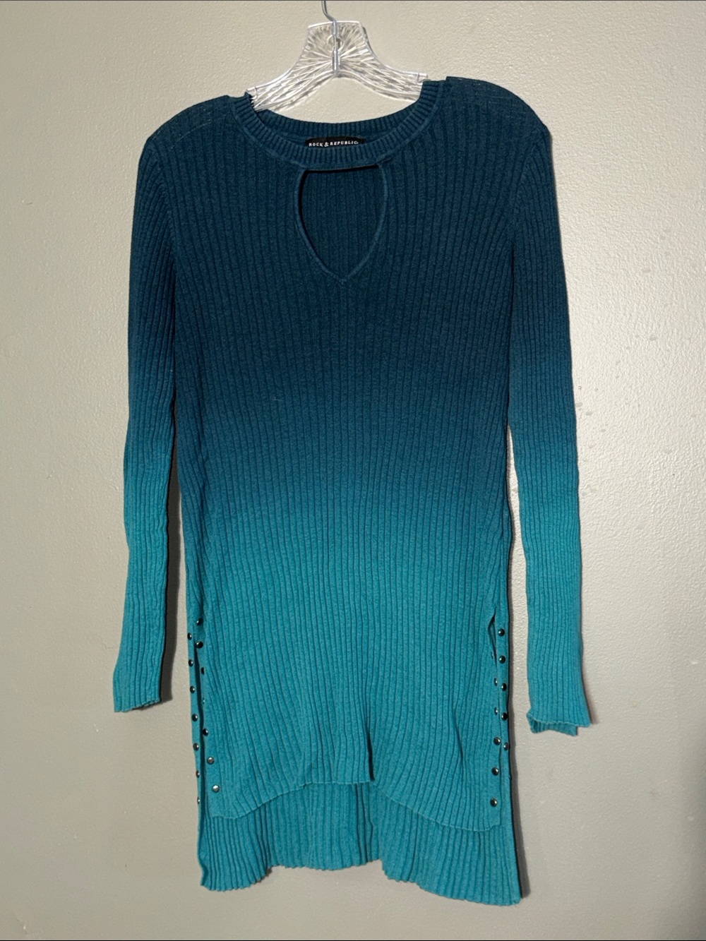 Rock & Republic Ombre Teal Keyhole Ribbed Tunic Sweater Dress Large Studded Side